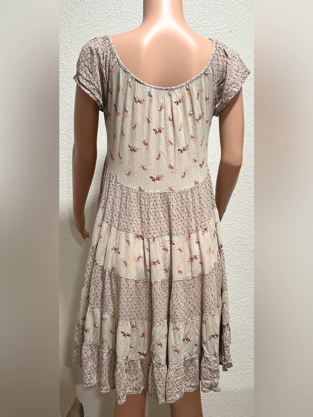 Bohemian Beige Floral Tiered Mini Dress - Picture 3 of 8